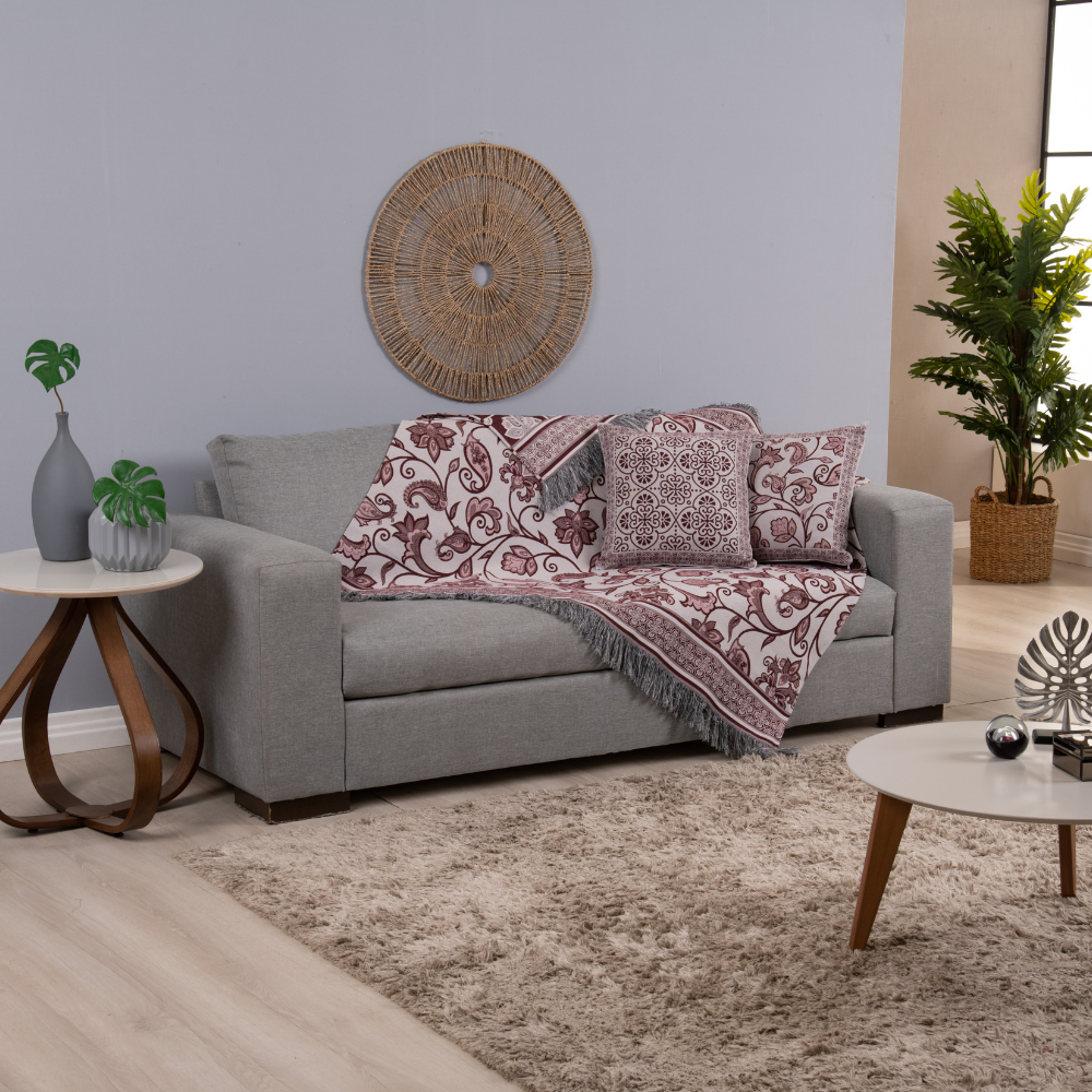 Conjunto Xale sofá com Almofadas cheias Jacquard - Duplas face - 5 Peças