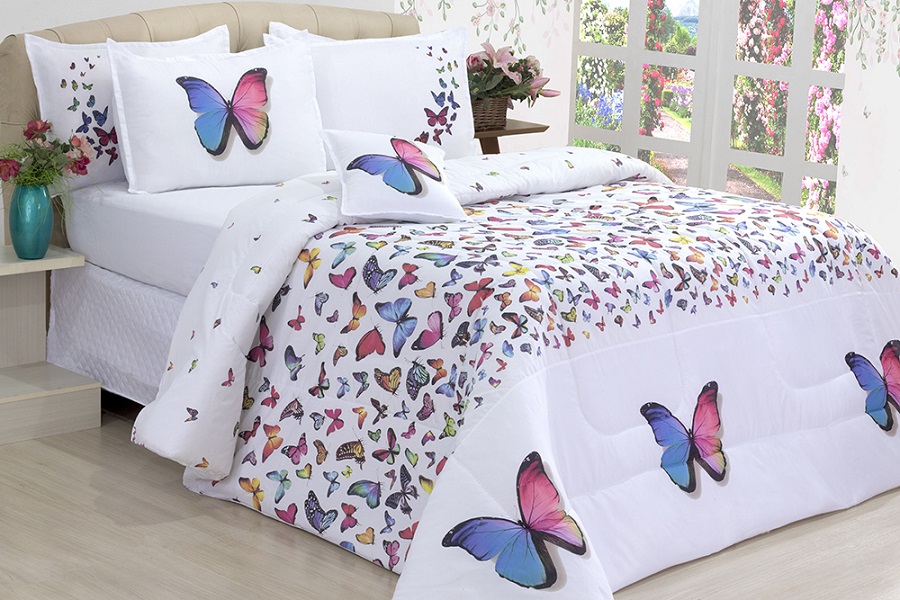 Kit 4 Pçs Edredom Cobertor Casal Queen Borboletas Dupla Face Micropercal